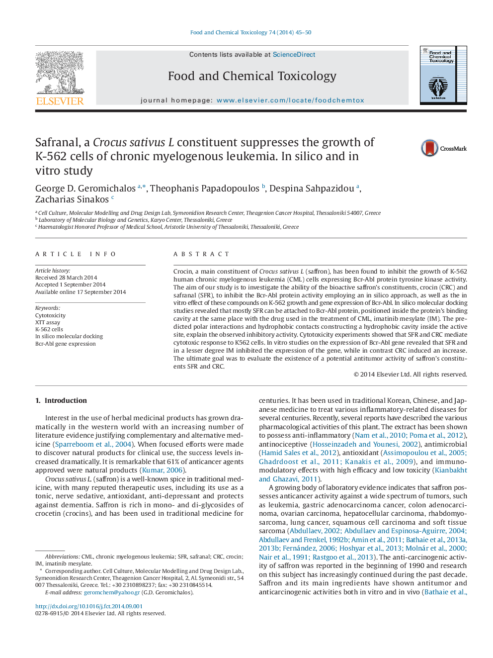 Safranal, a Crocus sativus L constituent suppresses the growth of K-562 cells of chronic myelogenous leukemia. In silico and in vitro study