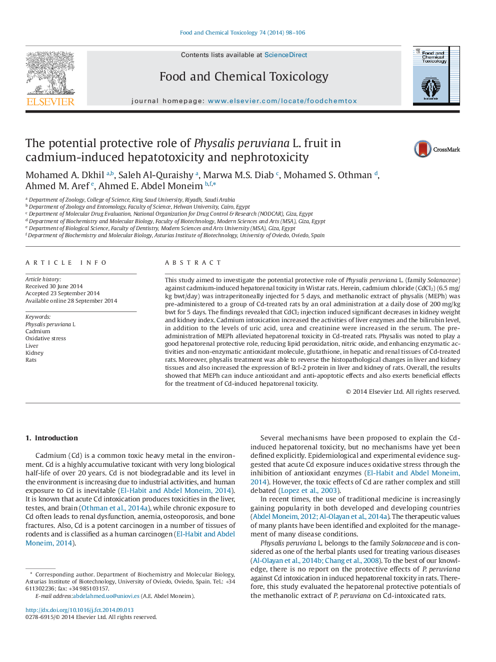 The potential protective role of Physalis peruviana L. fruit in cadmium-induced hepatotoxicity and nephrotoxicity