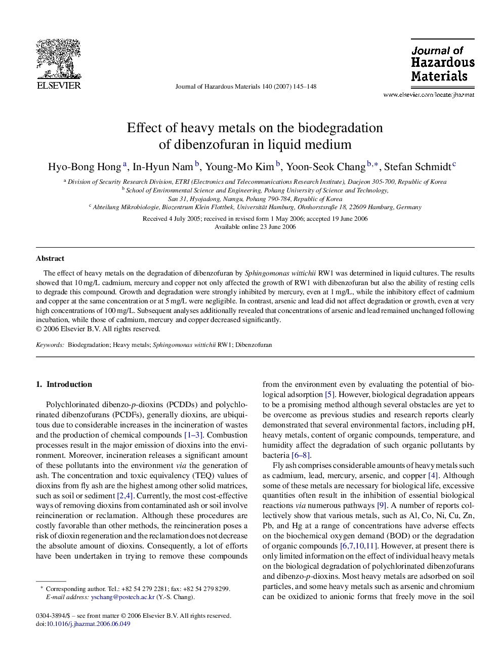 Effect of heavy metals on the biodegradation of dibenzofuran in liquid medium