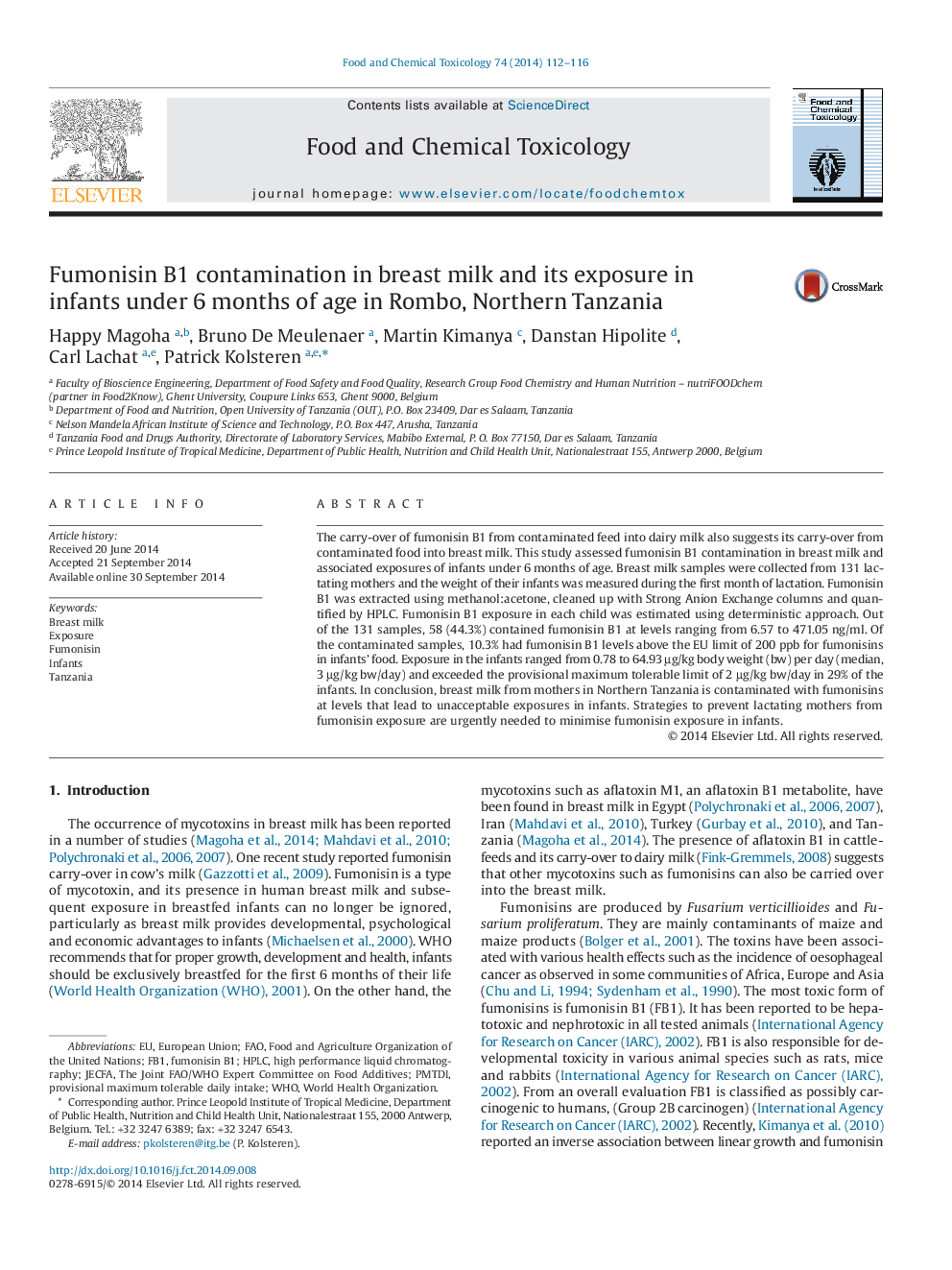 Fumonisin B1 contamination in breast milk and its exposure in infants under 6 months of age in Rombo, Northern Tanzania