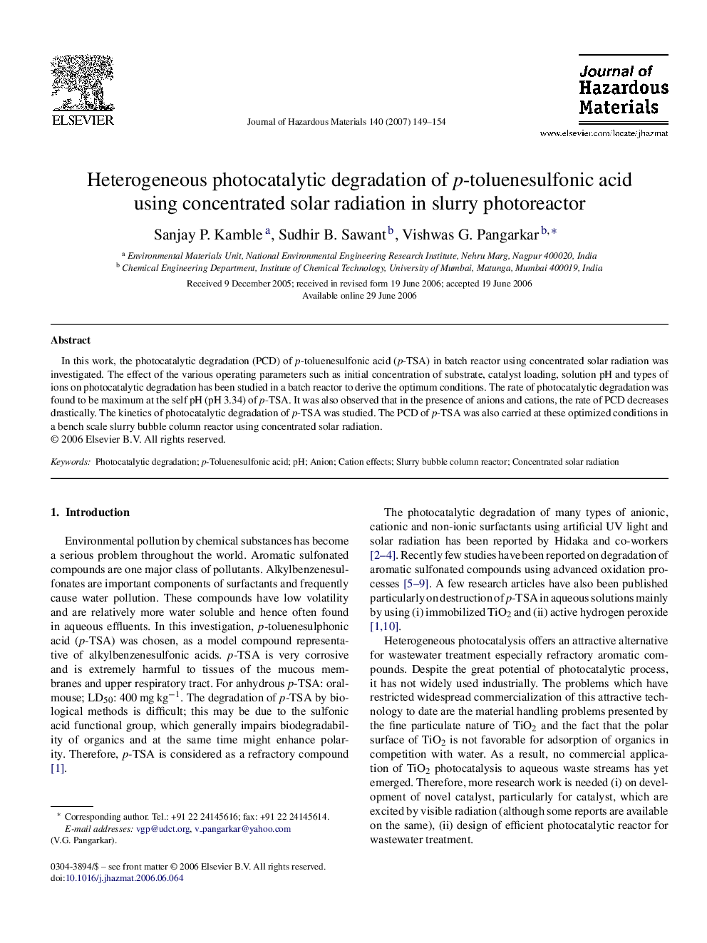 Heterogeneous photocatalytic degradation of p-toluenesulfonic acid using concentrated solar radiation in slurry photoreactor