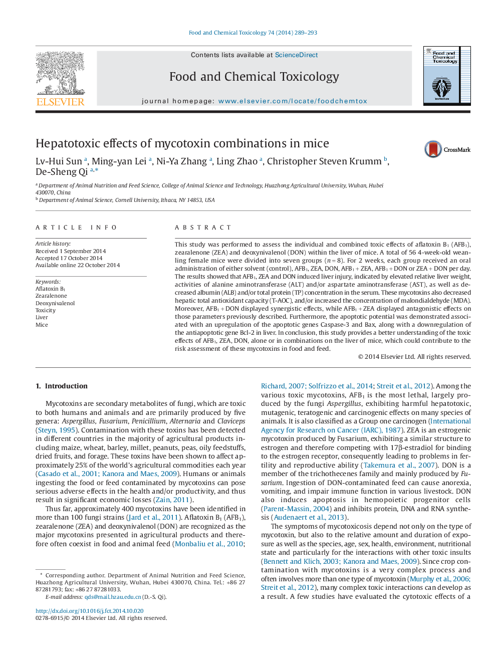 Hepatotoxic effects of mycotoxin combinations in mice