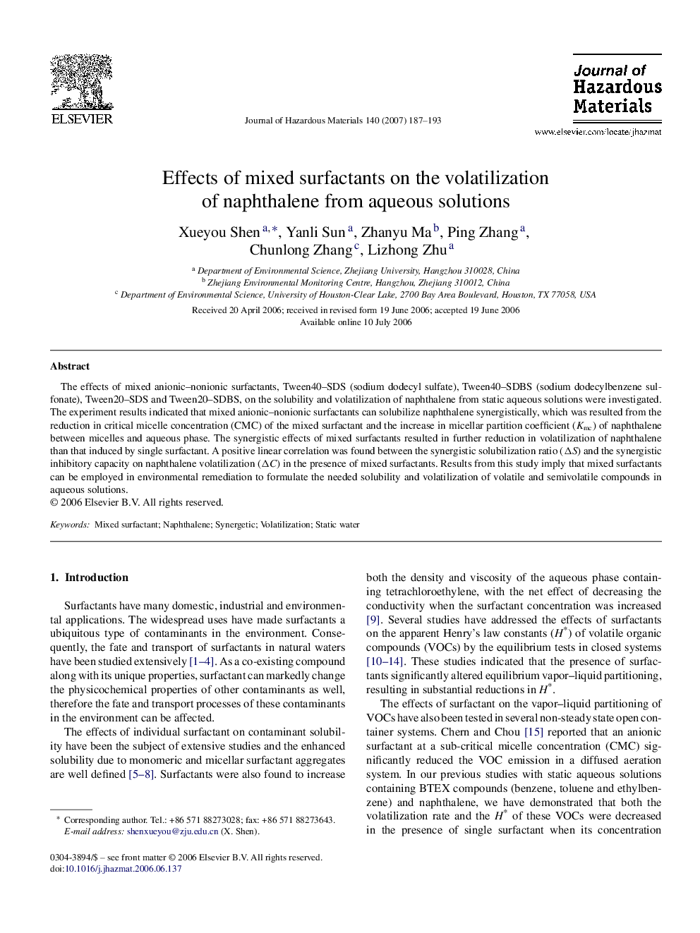 Effects of mixed surfactants on the volatilization of naphthalene from aqueous solutions