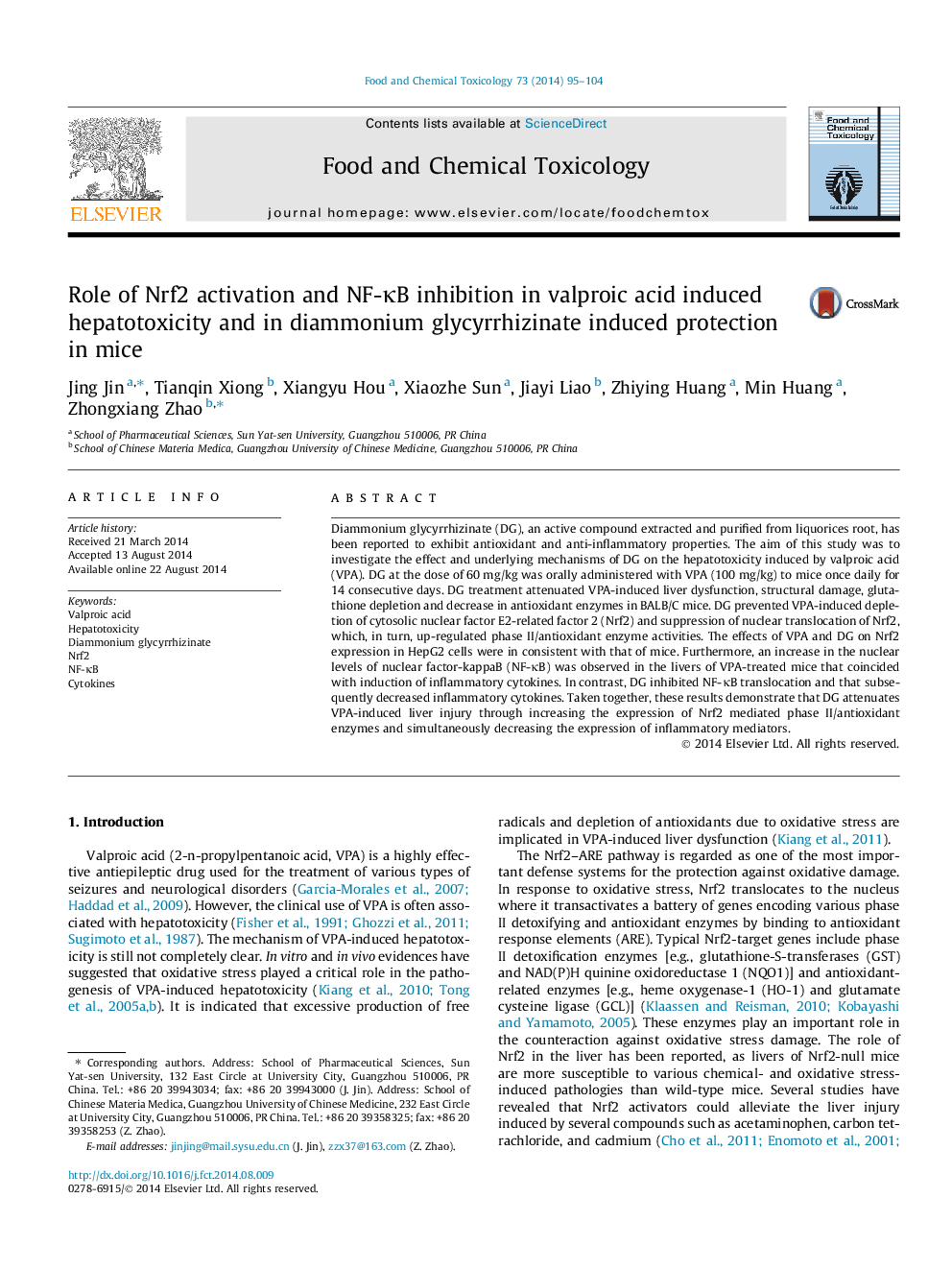 Role of Nrf2 activation and NF-ÎºB inhibition in valproic acid induced hepatotoxicity and in diammonium glycyrrhizinate induced protection in mice