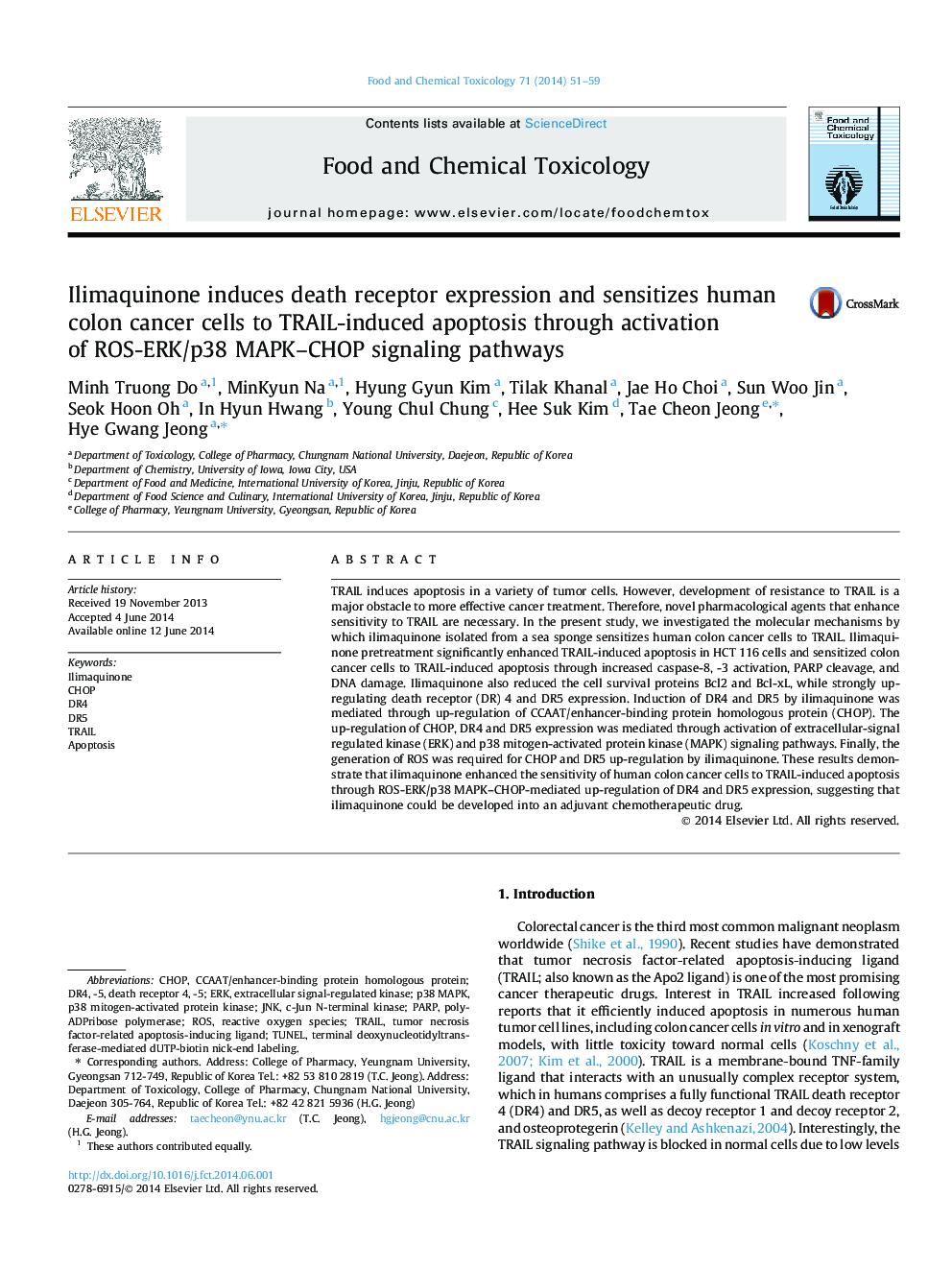 Ilimaquinone induces death receptor expression and sensitizes human colon cancer cells to TRAIL-induced apoptosis through activation of ROS-ERK/p38 MAPK-CHOP signaling pathways