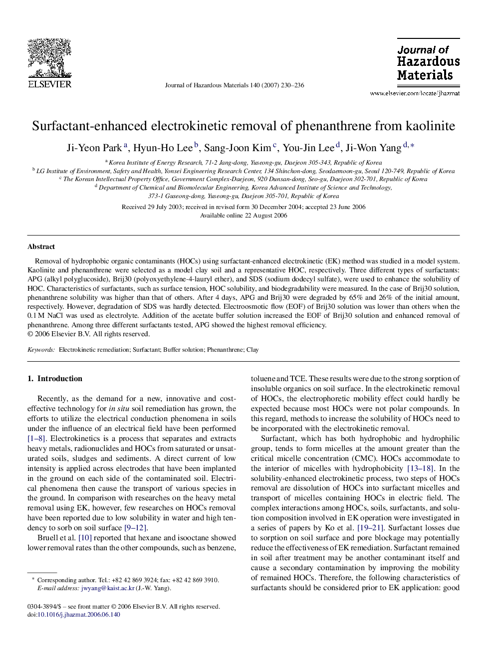 Surfactant-enhanced electrokinetic removal of phenanthrene from kaolinite