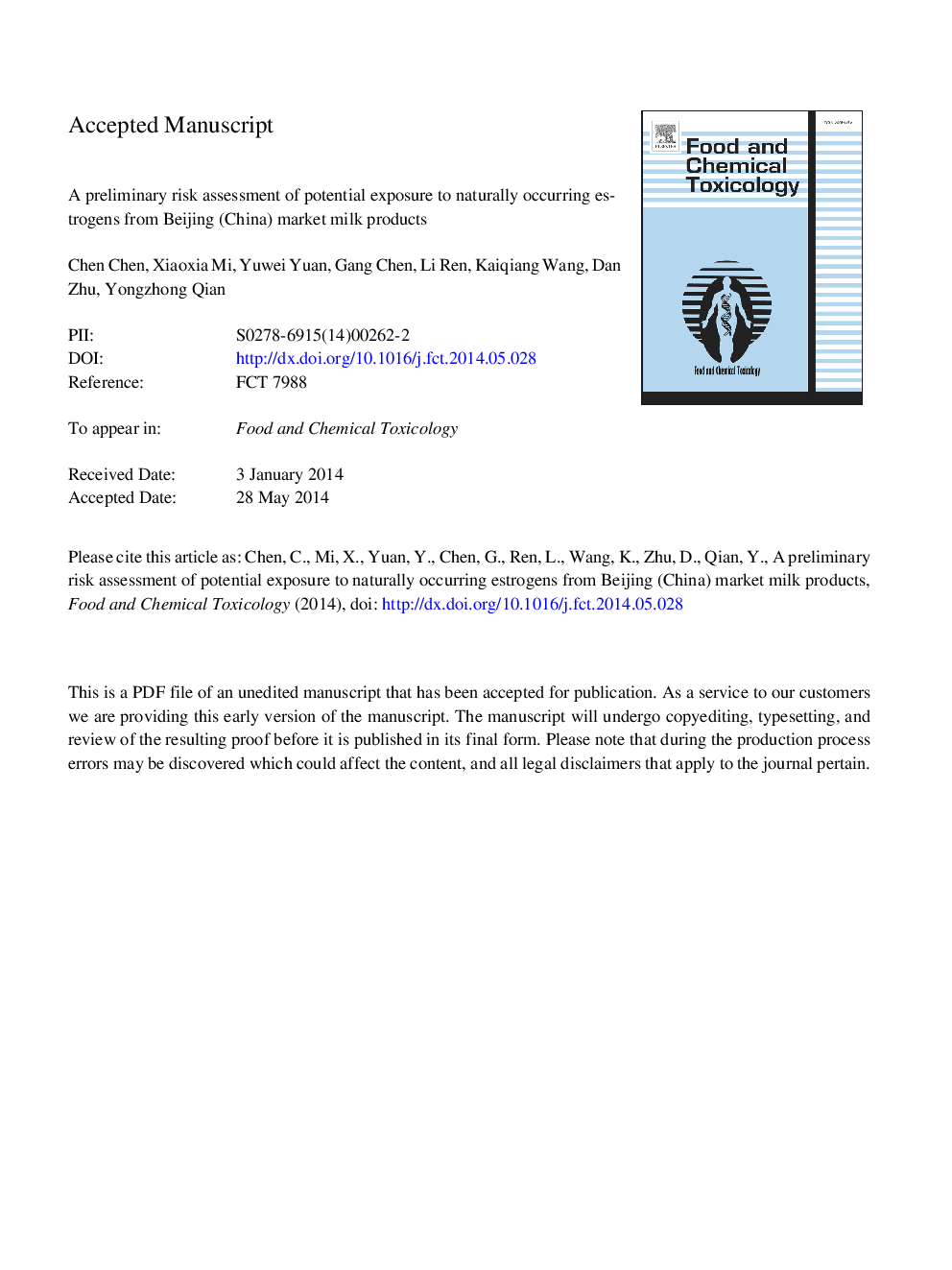 A preliminary risk assessment of potential exposure to naturally occurring estrogens from Beijing (China) market milk products