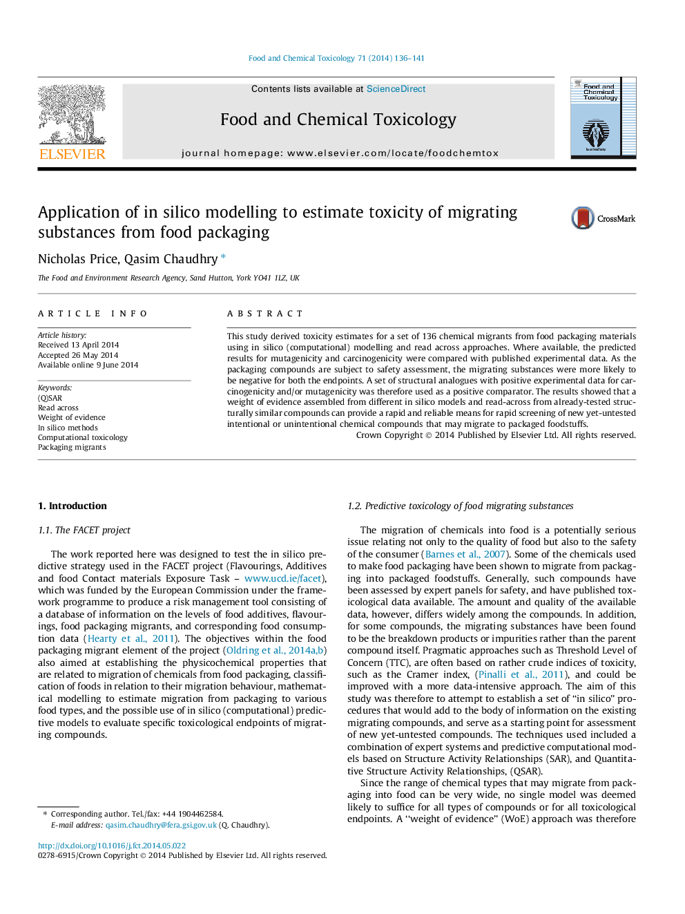 Application of in silico modelling to estimate toxicity of migrating substances from food packaging