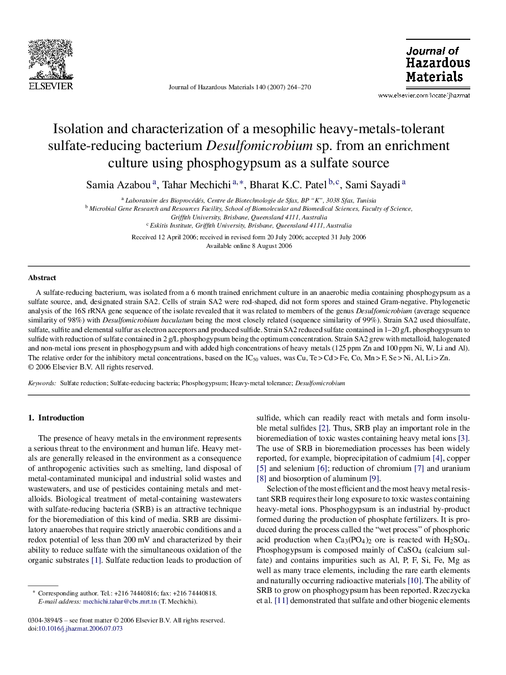 Isolation and characterization of a mesophilic heavy-metals-tolerant sulfate-reducing bacterium Desulfomicrobium sp. from an enrichment culture using phosphogypsum as a sulfate source