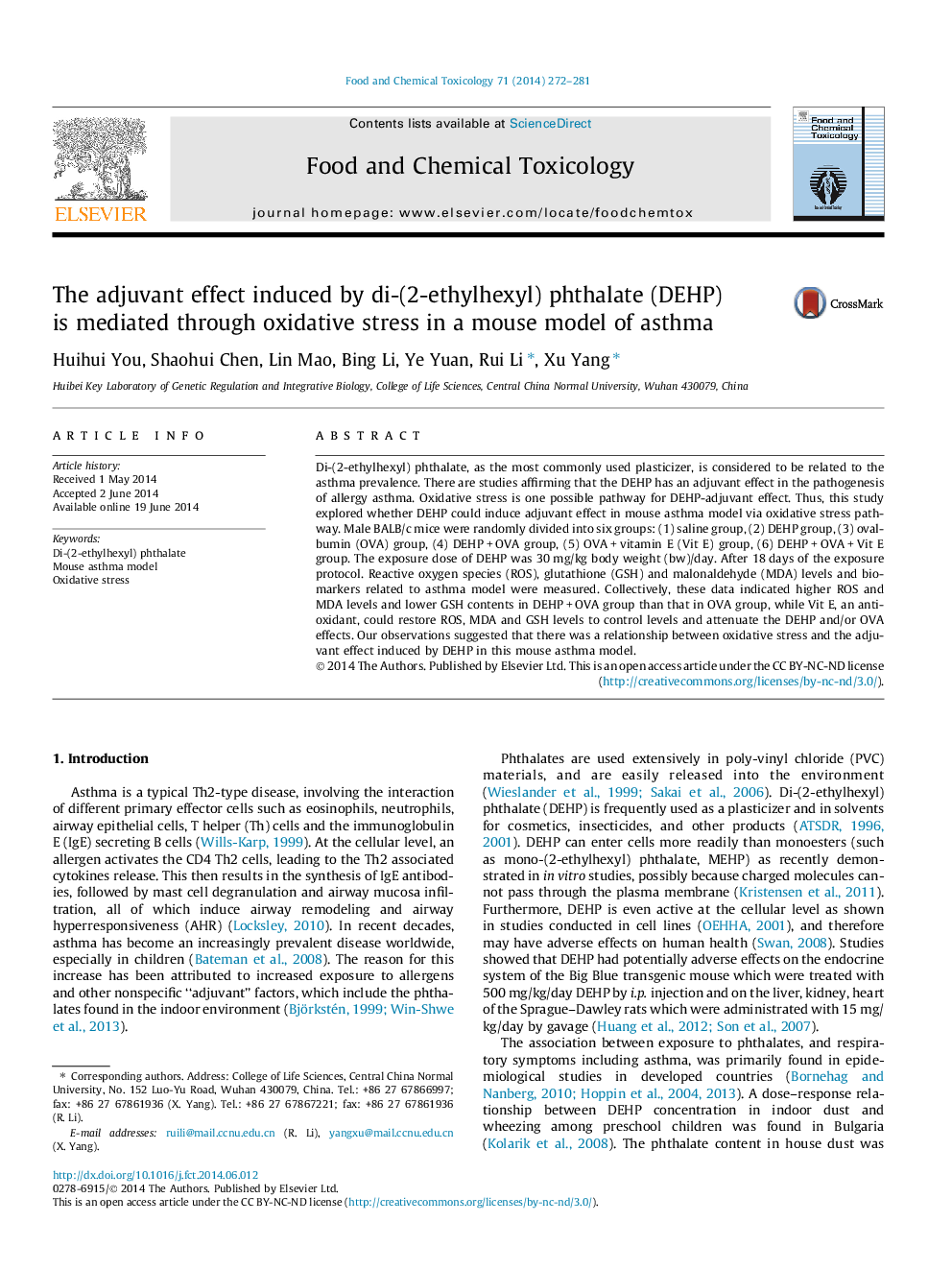 The adjuvant effect induced by di-(2-ethylhexyl) phthalate (DEHP) is mediated through oxidative stress in a mouse model of asthma