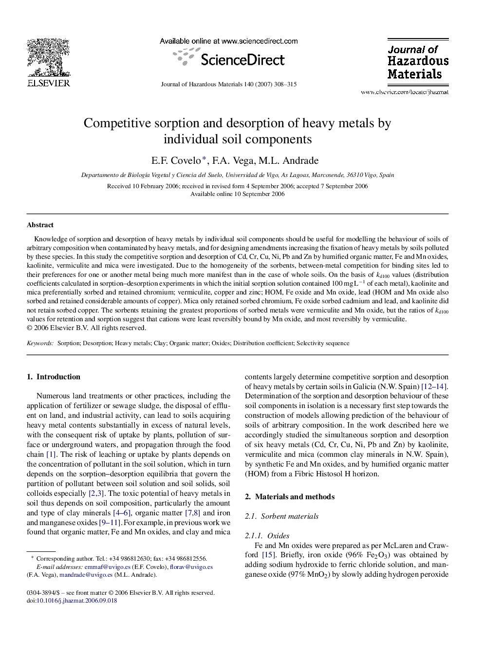 Competitive sorption and desorption of heavy metals by individual soil components