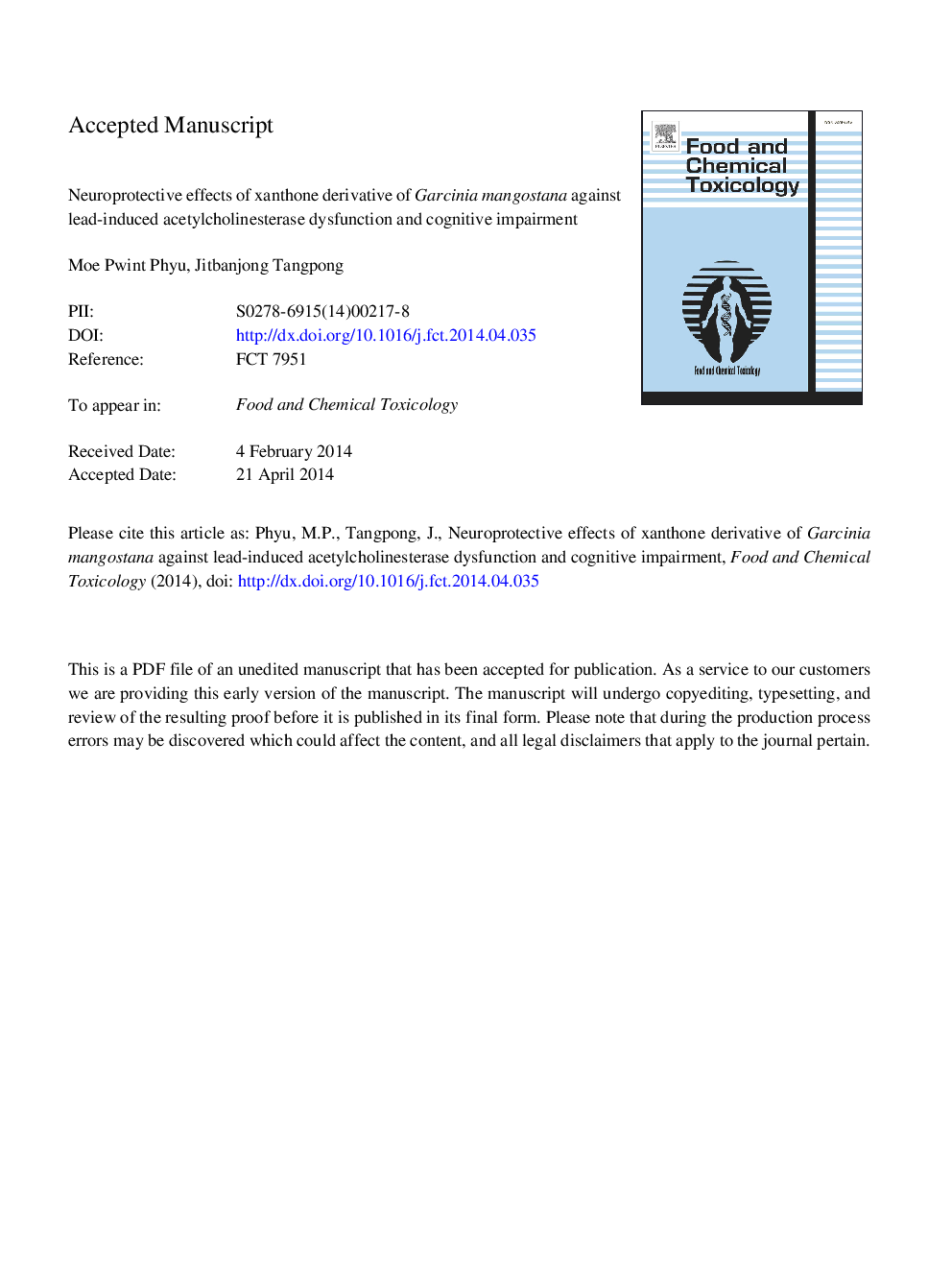 Neuroprotective effects of xanthone derivative of Garcinia mangostana against lead-induced acetylcholinesterase dysfunction and cognitive impairment