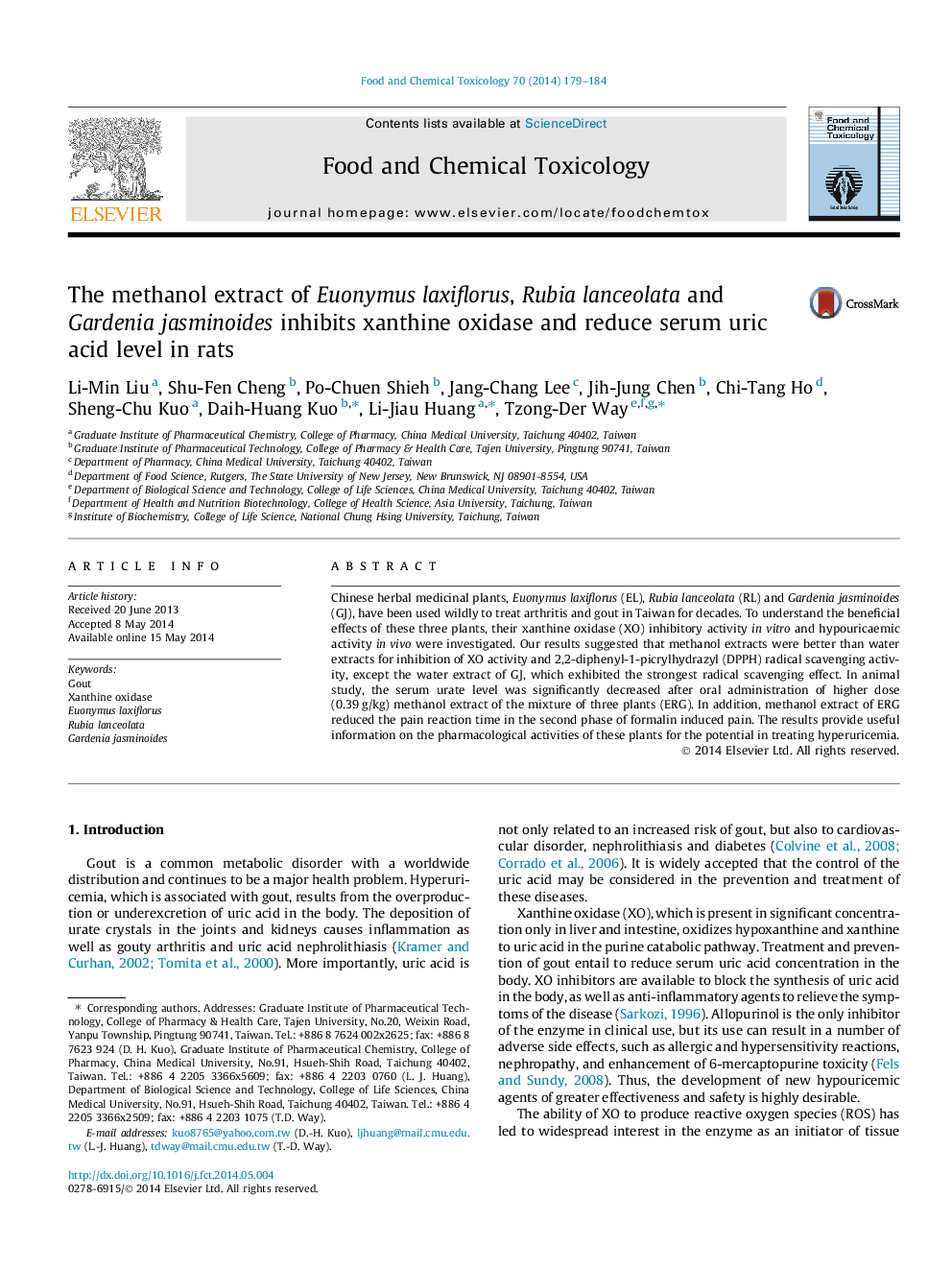 The methanol extract of Euonymus laxiflorus, Rubia lanceolata and Gardenia jasminoides inhibits xanthine oxidase and reduce serum uric acid level in rats