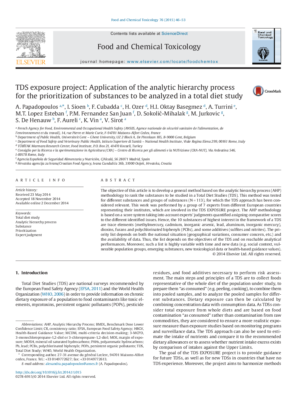 TDS exposure project: Application of the analytic hierarchy process for the prioritization of substances to be analyzed in a total diet study