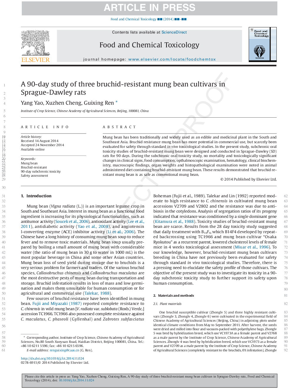 A 90-day study of three bruchid-resistant mung bean cultivars in Sprague-Dawley rats