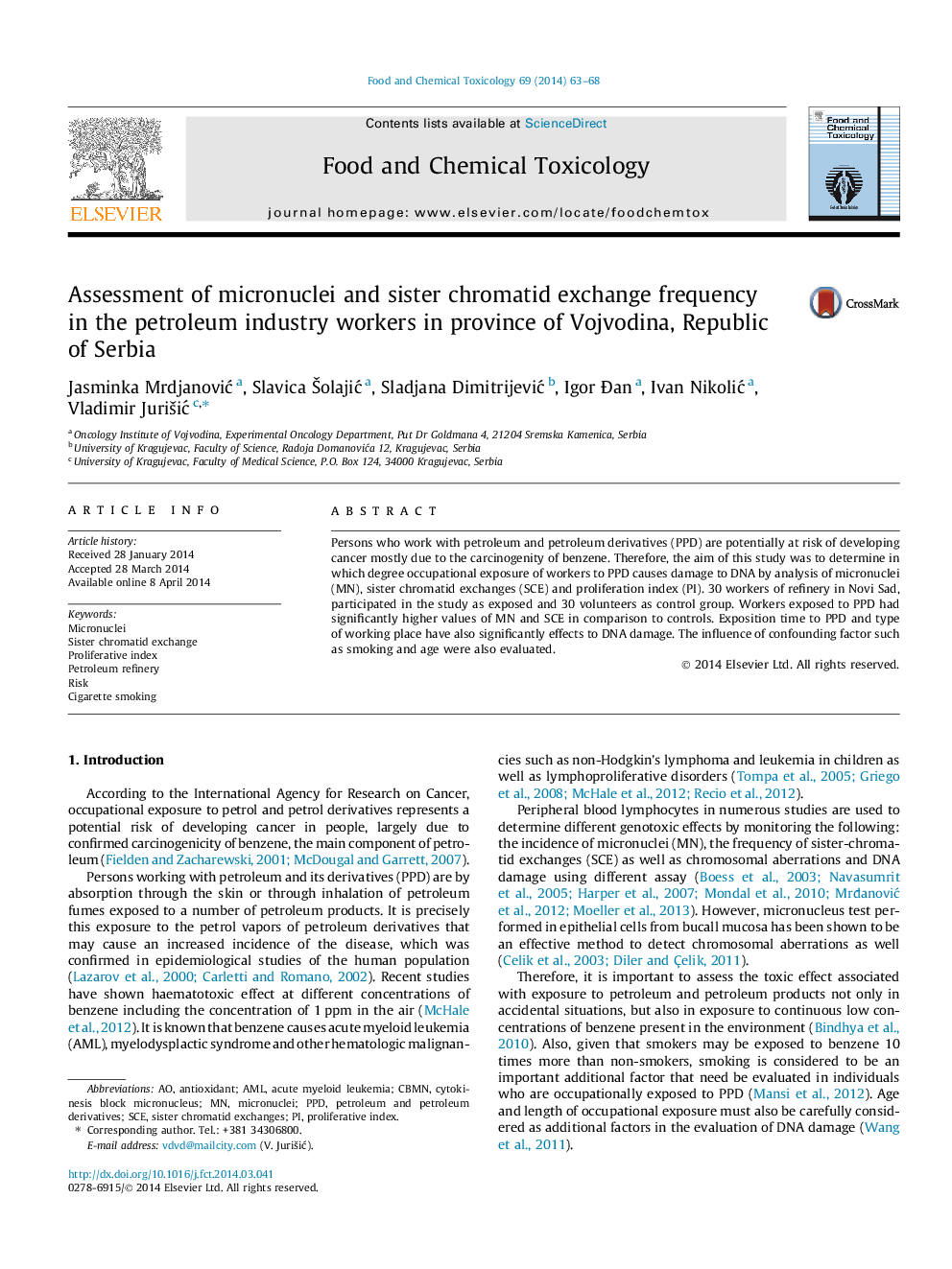 Assessment of micronuclei and sister chromatid exchange frequency in the petroleum industry workers in province of Vojvodina, Republic of Serbia