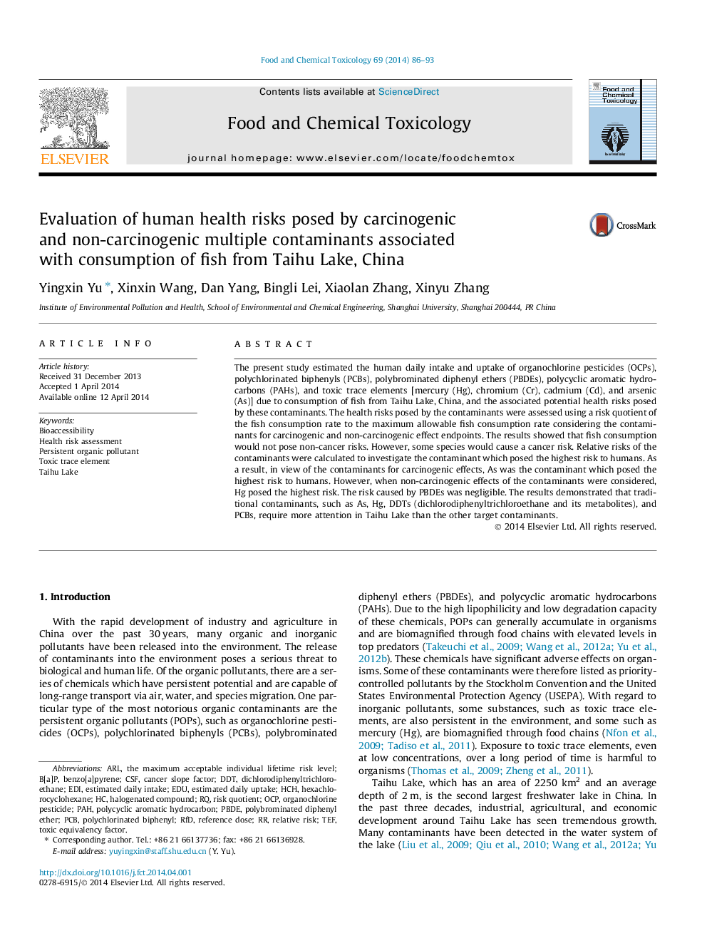 Evaluation of human health risks posed by carcinogenic and non-carcinogenic multiple contaminants associated with consumption of fish from Taihu Lake, China