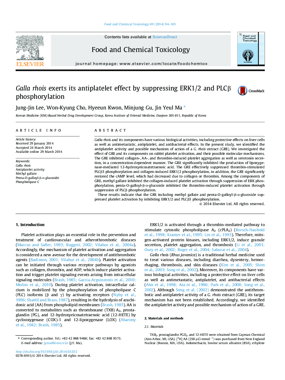 Galla rhois exerts its antiplatelet effect by suppressing ERK1/2 and PLCÎ² phosphorylation