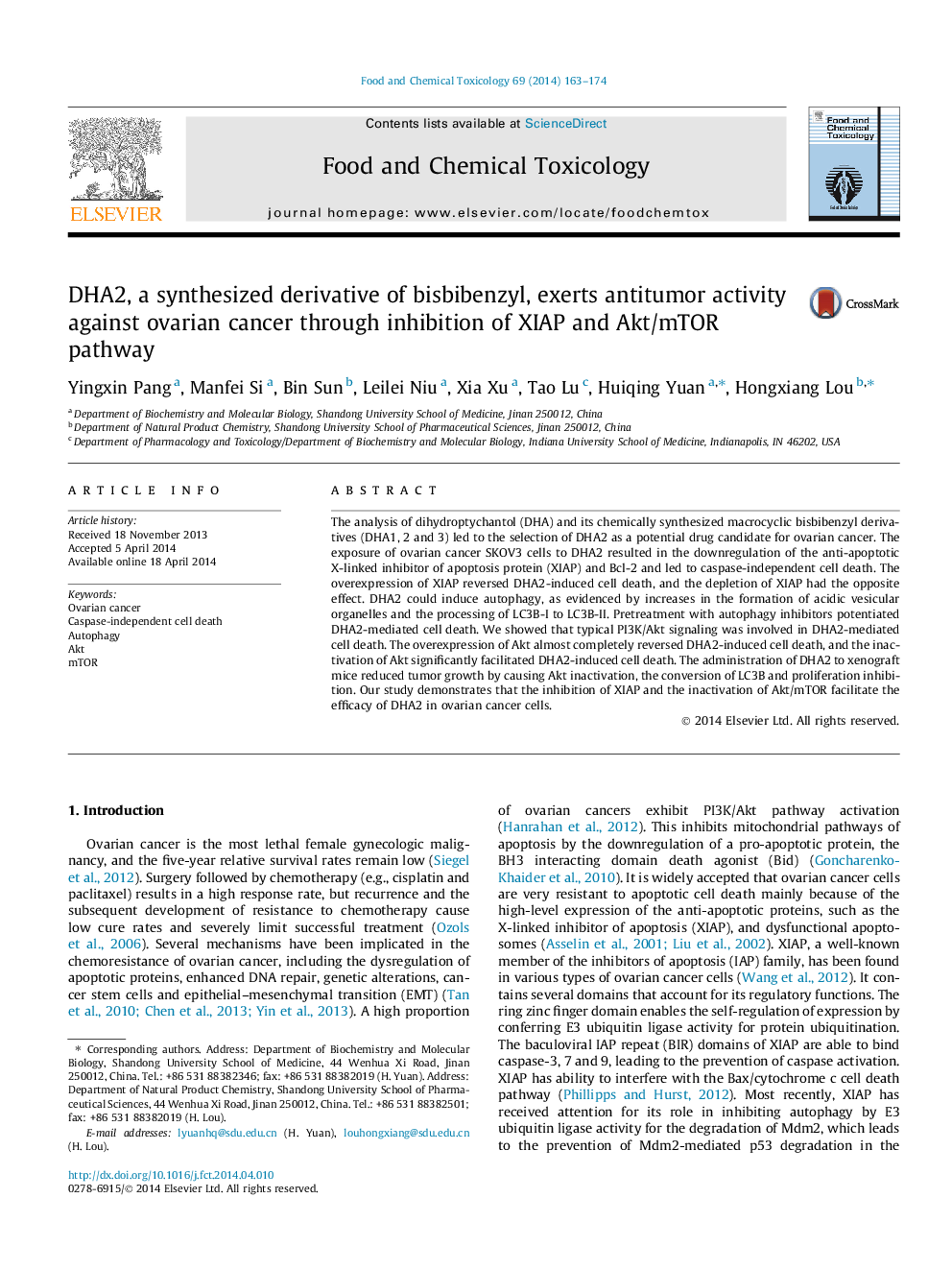 DHA2, a synthesized derivative of bisbibenzyl, exerts antitumor activity against ovarian cancer through inhibition of XIAP and Akt/mTOR pathway