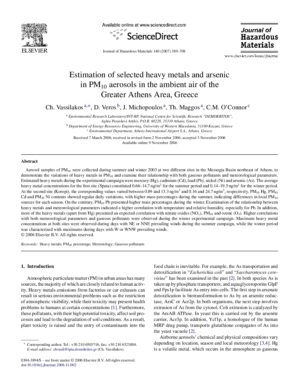 Estimation of selected heavy metals and arsenic in PM10 aerosols in the ambient air of the Greater Athens Area, Greece