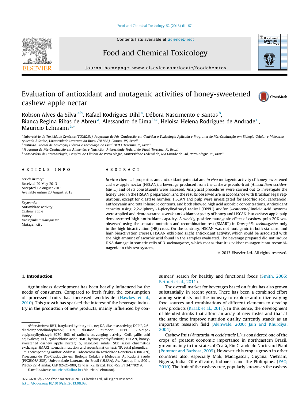 Evaluation of antioxidant and mutagenic activities of honey-sweetened cashew apple nectar