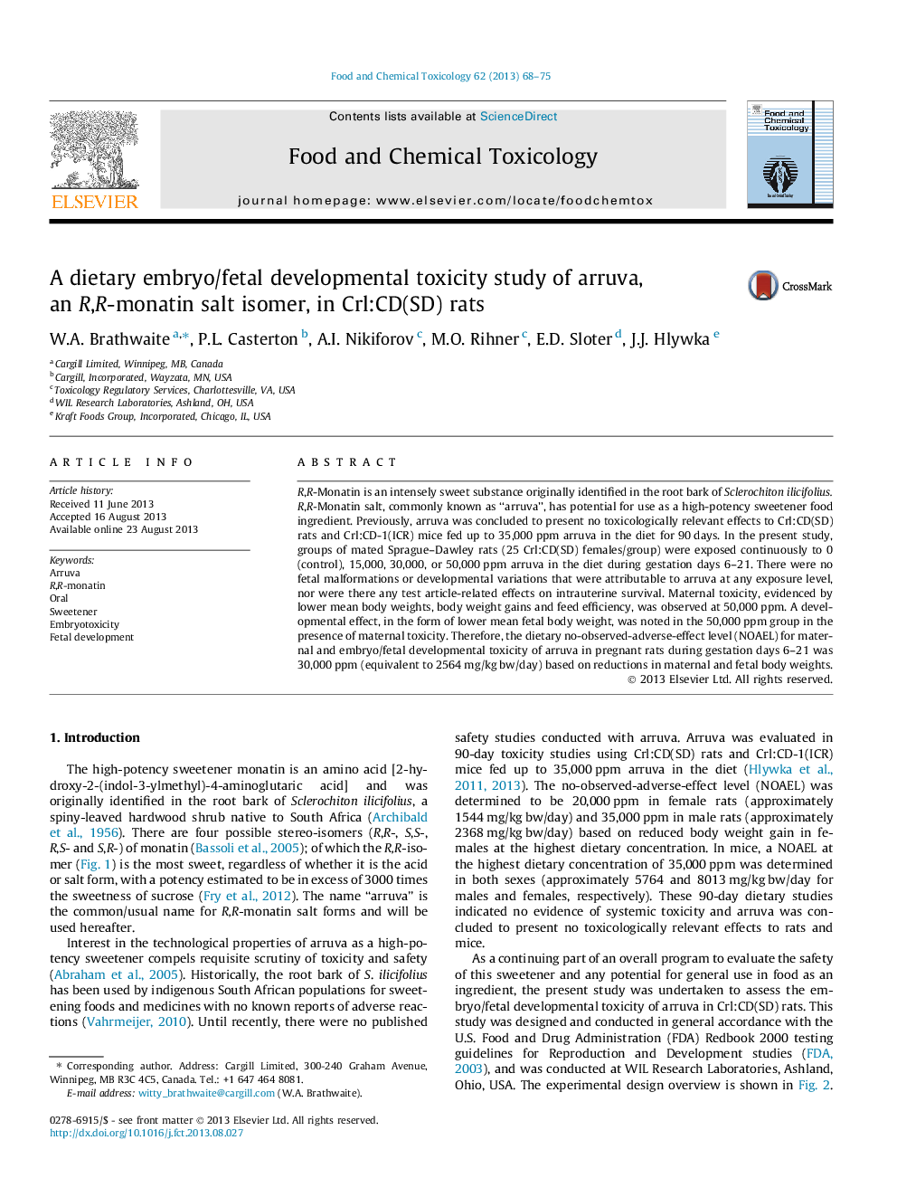 A dietary embryo/fetal developmental toxicity study of arruva, an R,R-monatin salt isomer, in Crl:CD(SD) rats