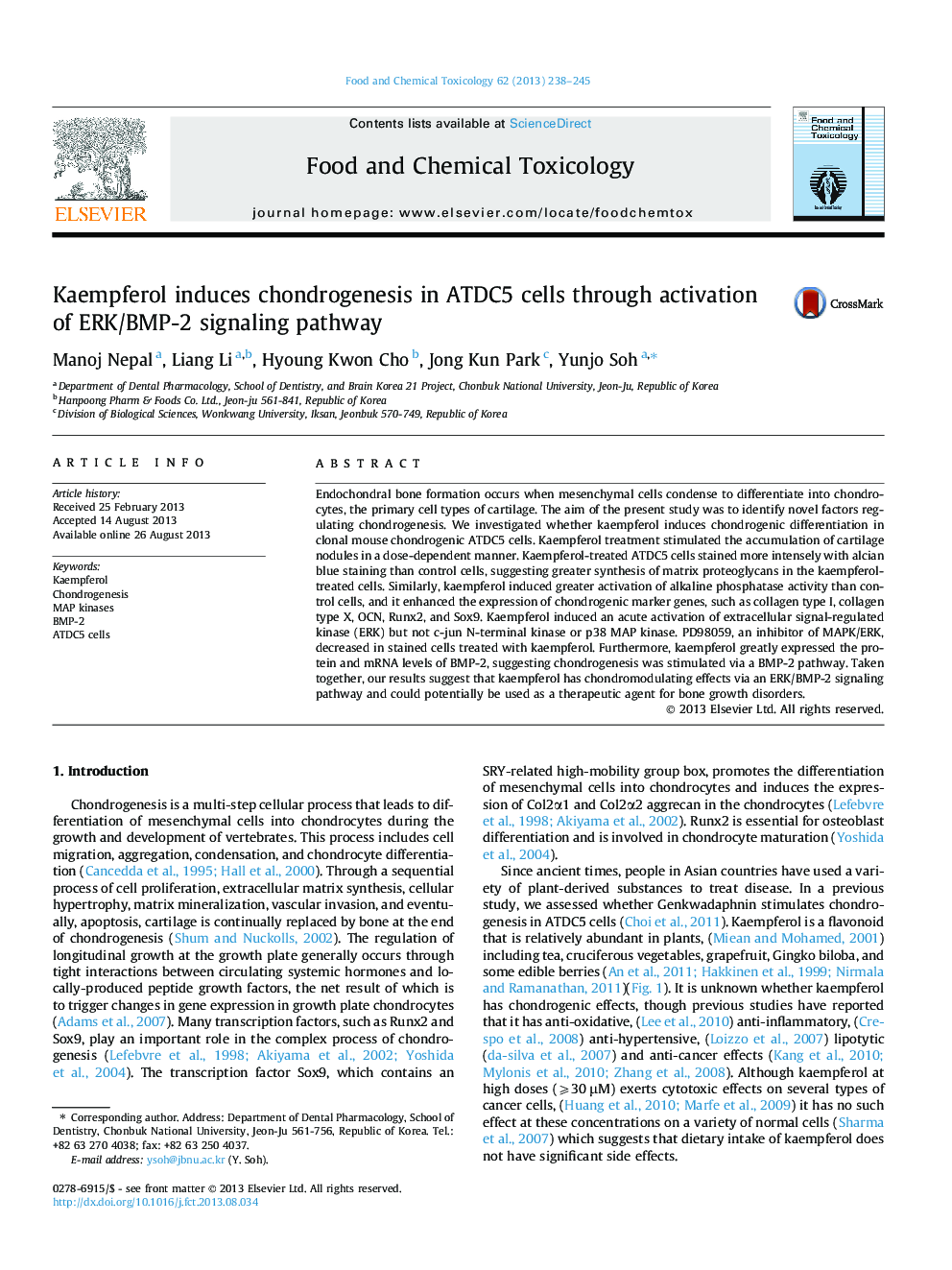 Kaempferol induces chondrogenesis in ATDC5 cells through activation of ERK/BMP-2 signaling pathway