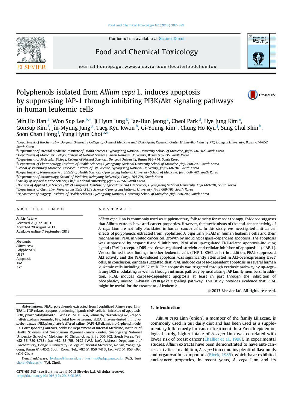 Polyphenols isolated from Allium cepa L. induces apoptosis by suppressing IAP-1 through inhibiting PI3K/Akt signaling pathways in human leukemic cells
