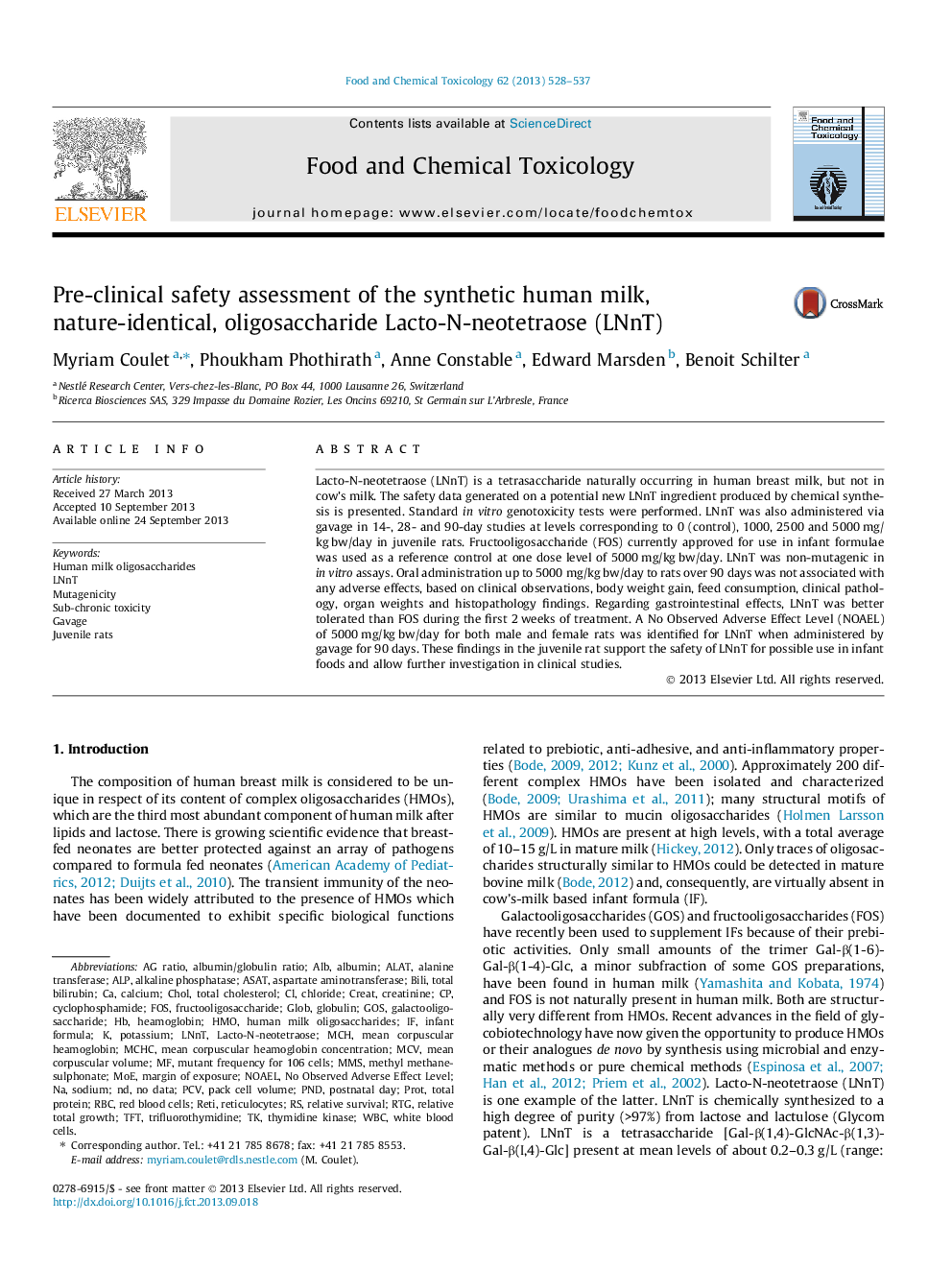 Pre-clinical safety assessment of the synthetic human milk, nature-identical, oligosaccharide Lacto-N-neotetraose (LNnT)