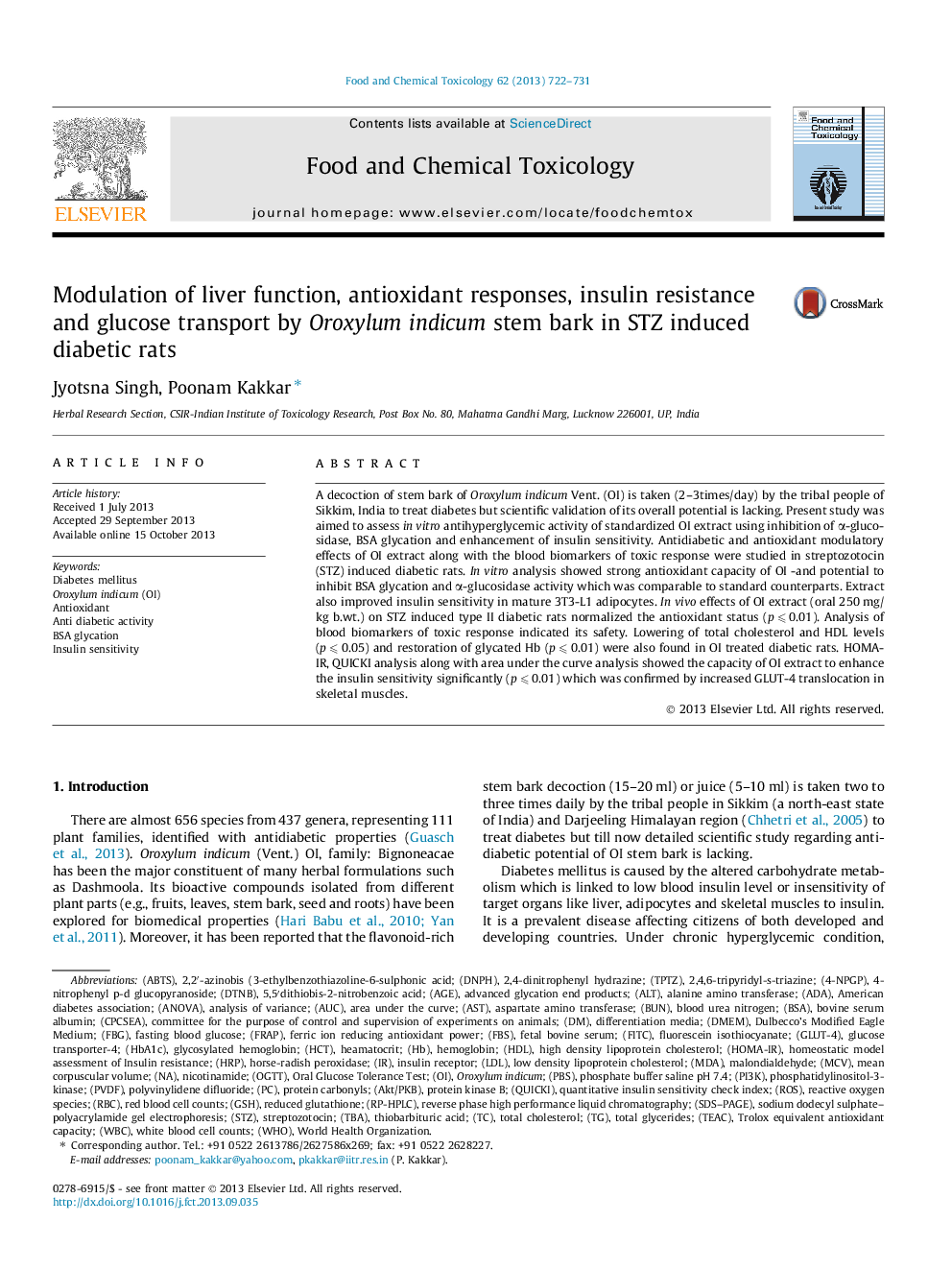 Modulation of liver function, antioxidant responses, insulin resistance and glucose transport by Oroxylum indicum stem bark in STZ induced diabetic rats