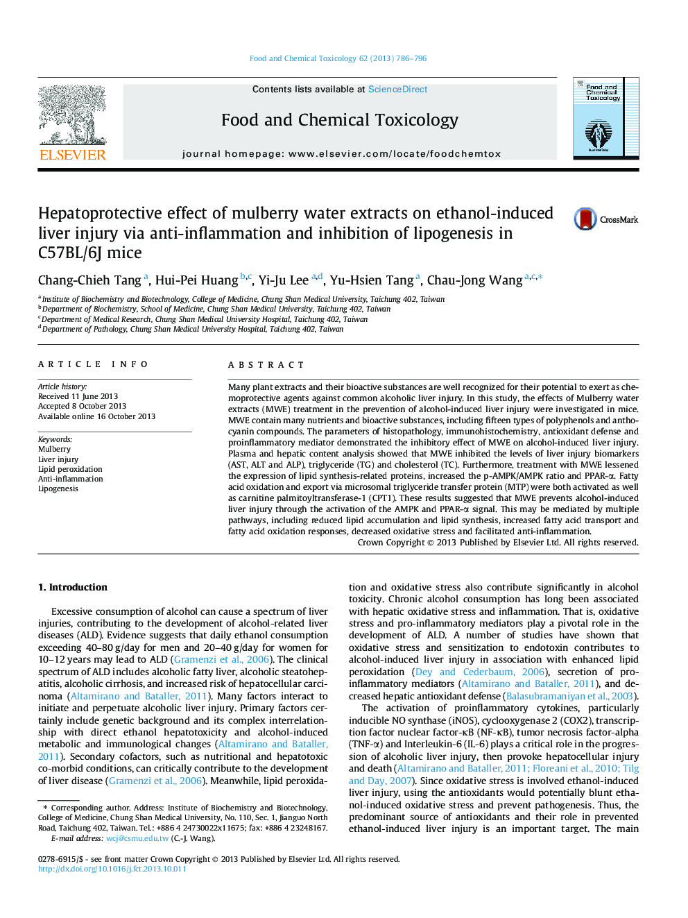 Hepatoprotective effect of mulberry water extracts on ethanol-induced liver injury via anti-inflammation and inhibition of lipogenesis in C57BL/6J mice