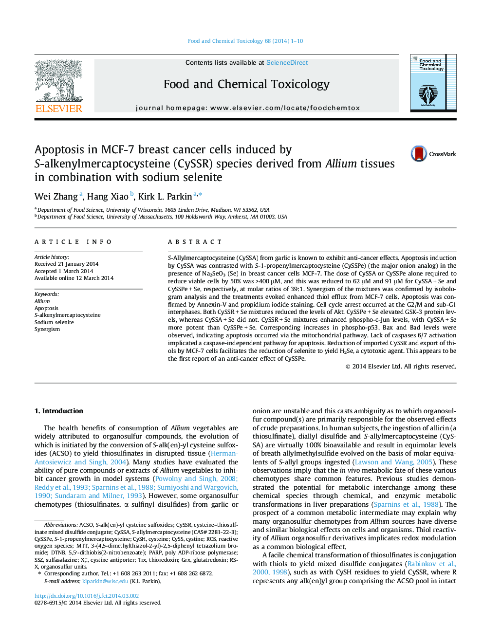 Apoptosis in MCF-7 breast cancer cells induced by S-alkenylmercaptocysteine (CySSR) species derived from Allium tissues in combination with sodium selenite