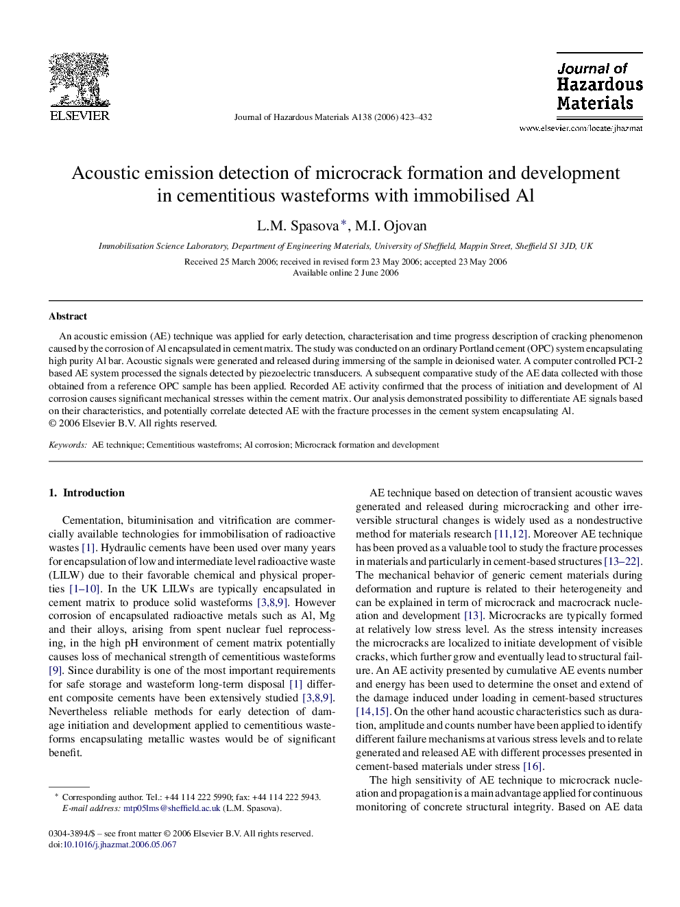 Acoustic emission detection of microcrack formation and development in cementitious wasteforms with immobilised Al