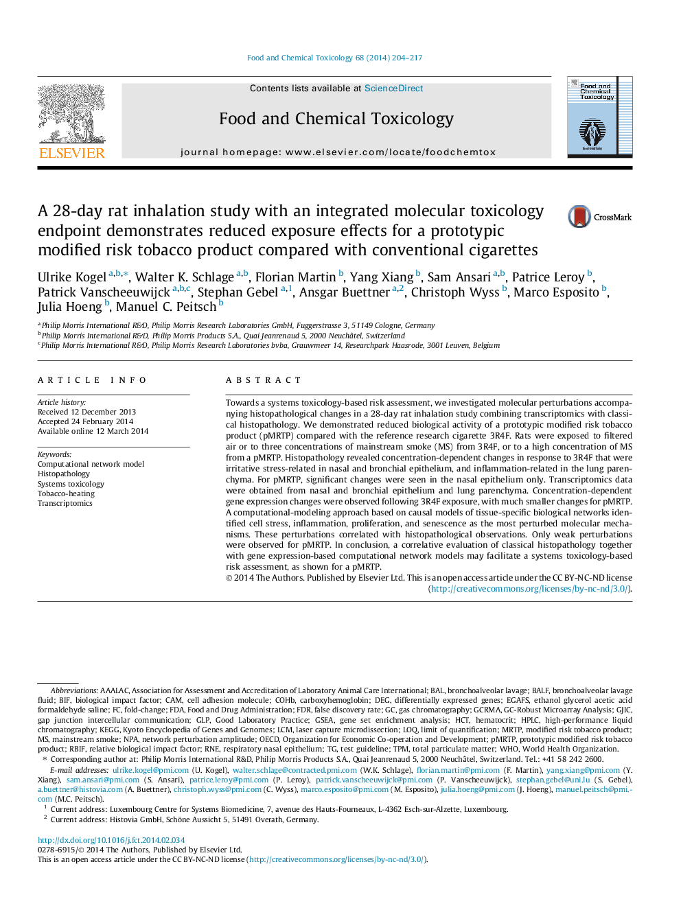 A 28-day rat inhalation study with an integrated molecular toxicology endpoint demonstrates reduced exposure effects for a prototypic modified risk tobacco product compared with conventional cigarettes