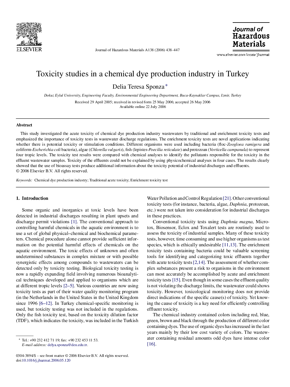 Toxicity studies in a chemical dye production industry in Turkey