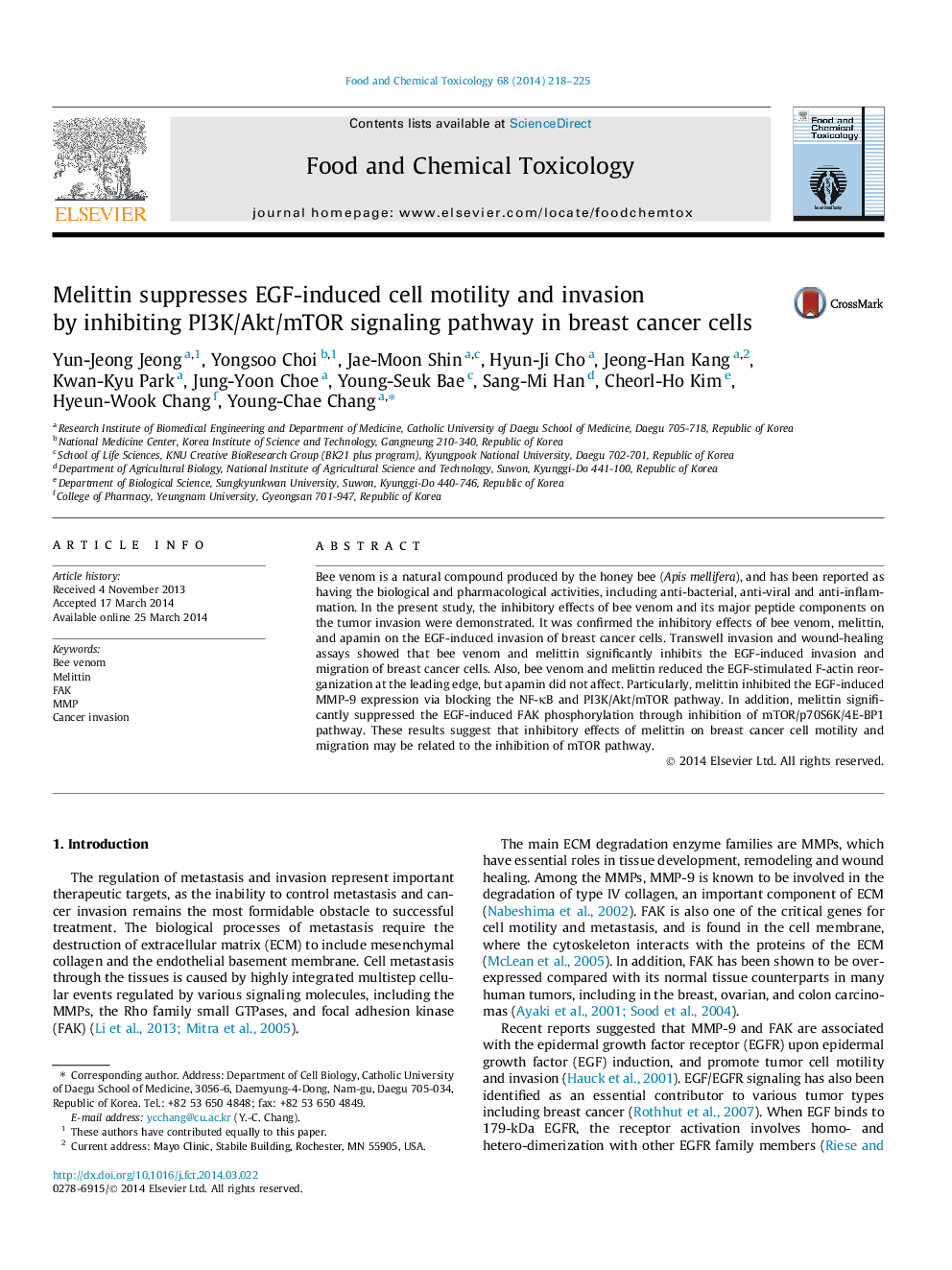 Melittin suppresses EGF-induced cell motility and invasion by inhibiting PI3K/Akt/mTOR signaling pathway in breast cancer cells