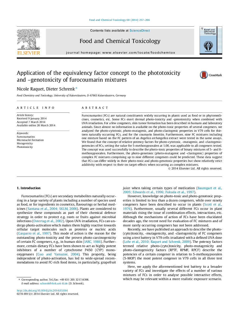 Application of the equivalency factor concept to the phototoxicity and -genotoxicity of furocoumarin mixtures