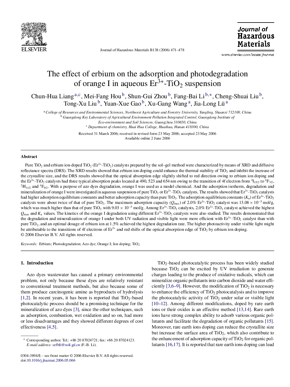 The effect of erbium on the adsorption and photodegradation of orange I in aqueous Er3+-TiO2 suspension