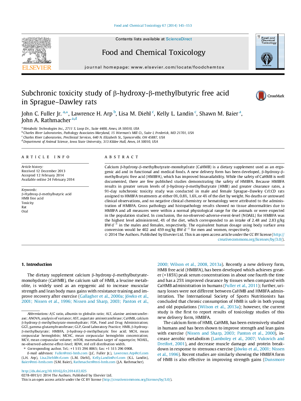 Subchronic toxicity study of Î²-hydroxy-Î²-methylbutyric free acid in Sprague-Dawley rats