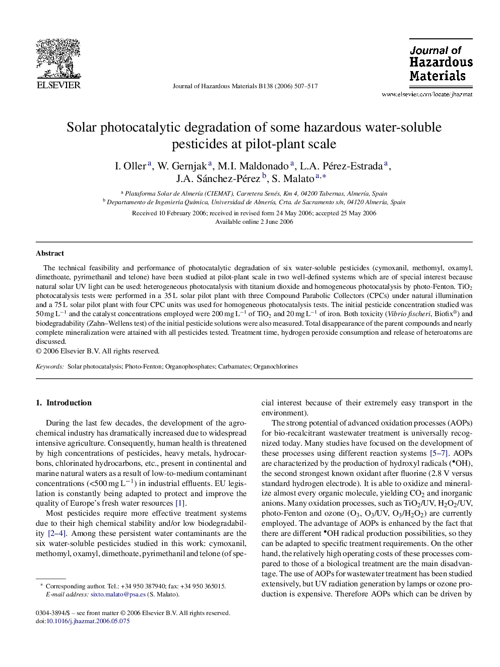 Solar photocatalytic degradation of some hazardous water-soluble pesticides at pilot-plant scale