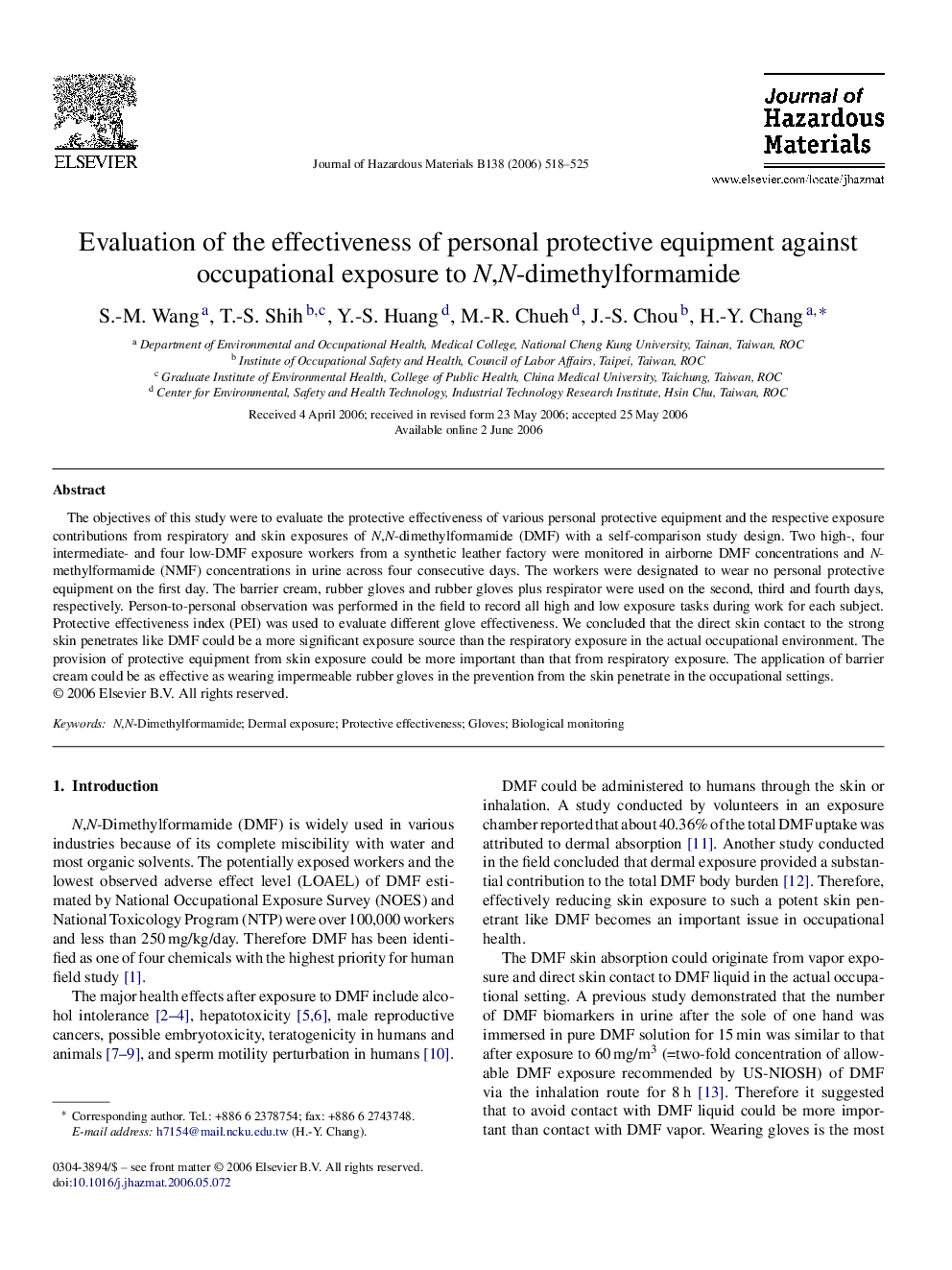 Evaluation of the effectiveness of personal protective equipment against occupational exposure to N,N-dimethylformamide