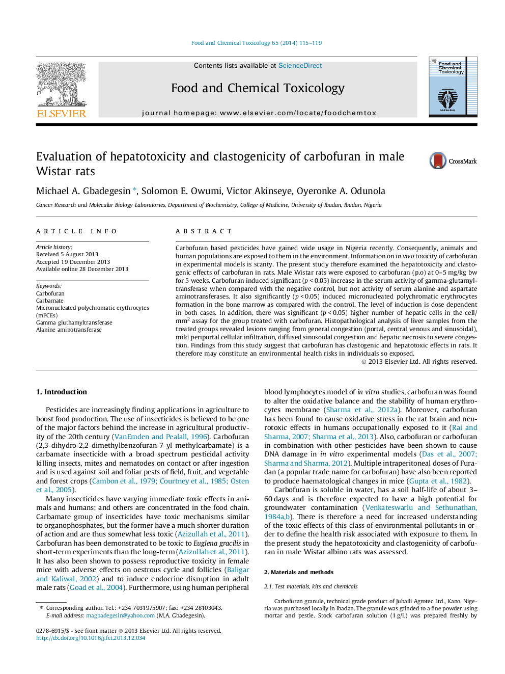 عکس صفحه اول مقاله: Evaluation of hepatotoxicity and clastogenicity of carbofuran in male Wistar rats Evaluation of hepatotoxicity and clastogenicity of carbofuran in male Wistar rats