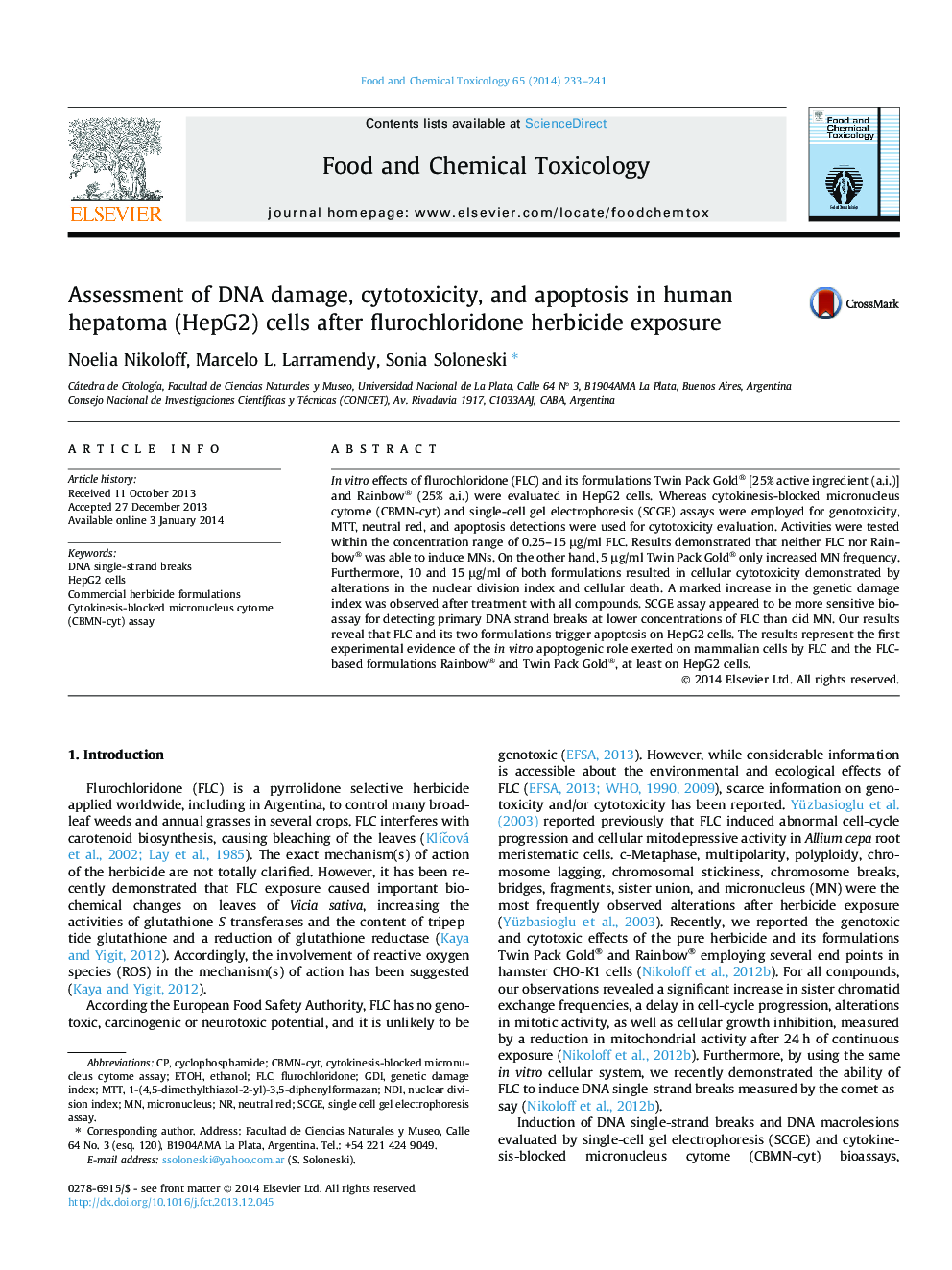 Assessment of DNA damage, cytotoxicity, and apoptosis in human hepatoma (HepG2) cells after flurochloridone herbicide exposure