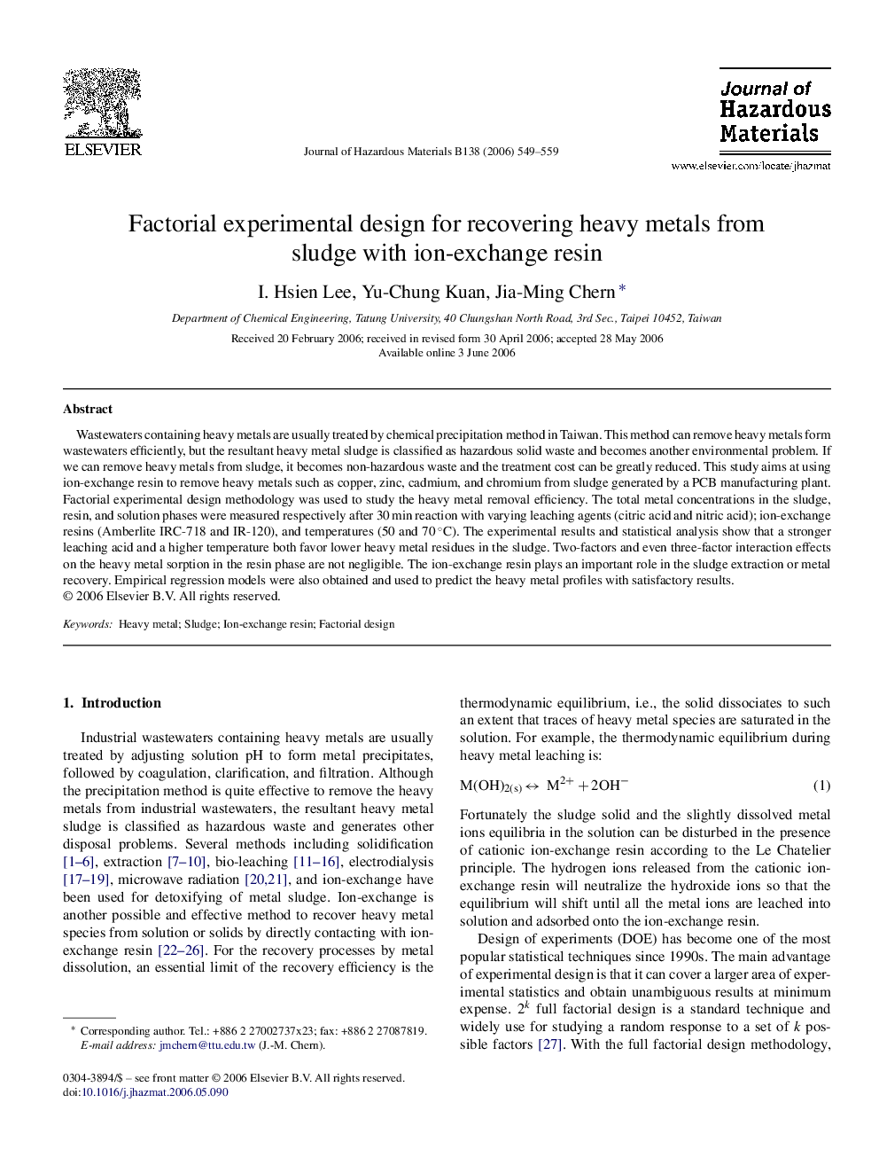 Factorial experimental design for recovering heavy metals from sludge with ion-exchange resin