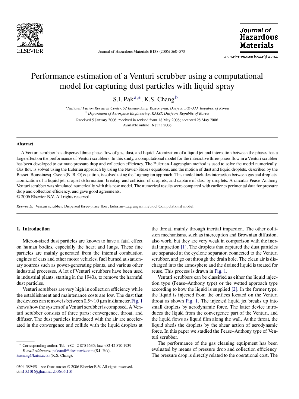 Performance estimation of a Venturi scrubber using a computational model for capturing dust particles with liquid spray