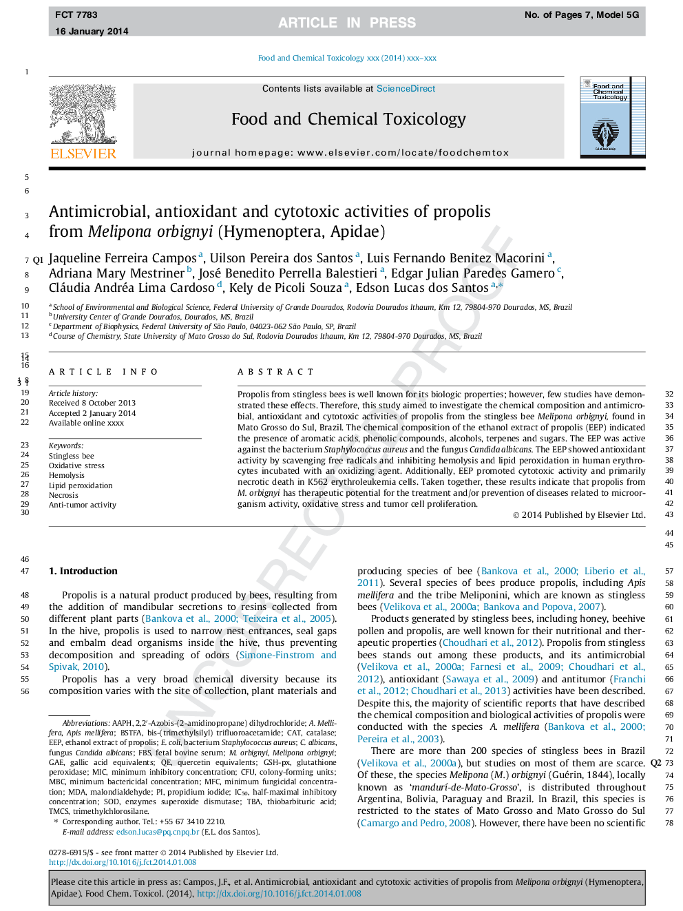 Antimicrobial, antioxidant and cytotoxic activities of propolis from Melipona orbignyi (Hymenoptera, Apidae)