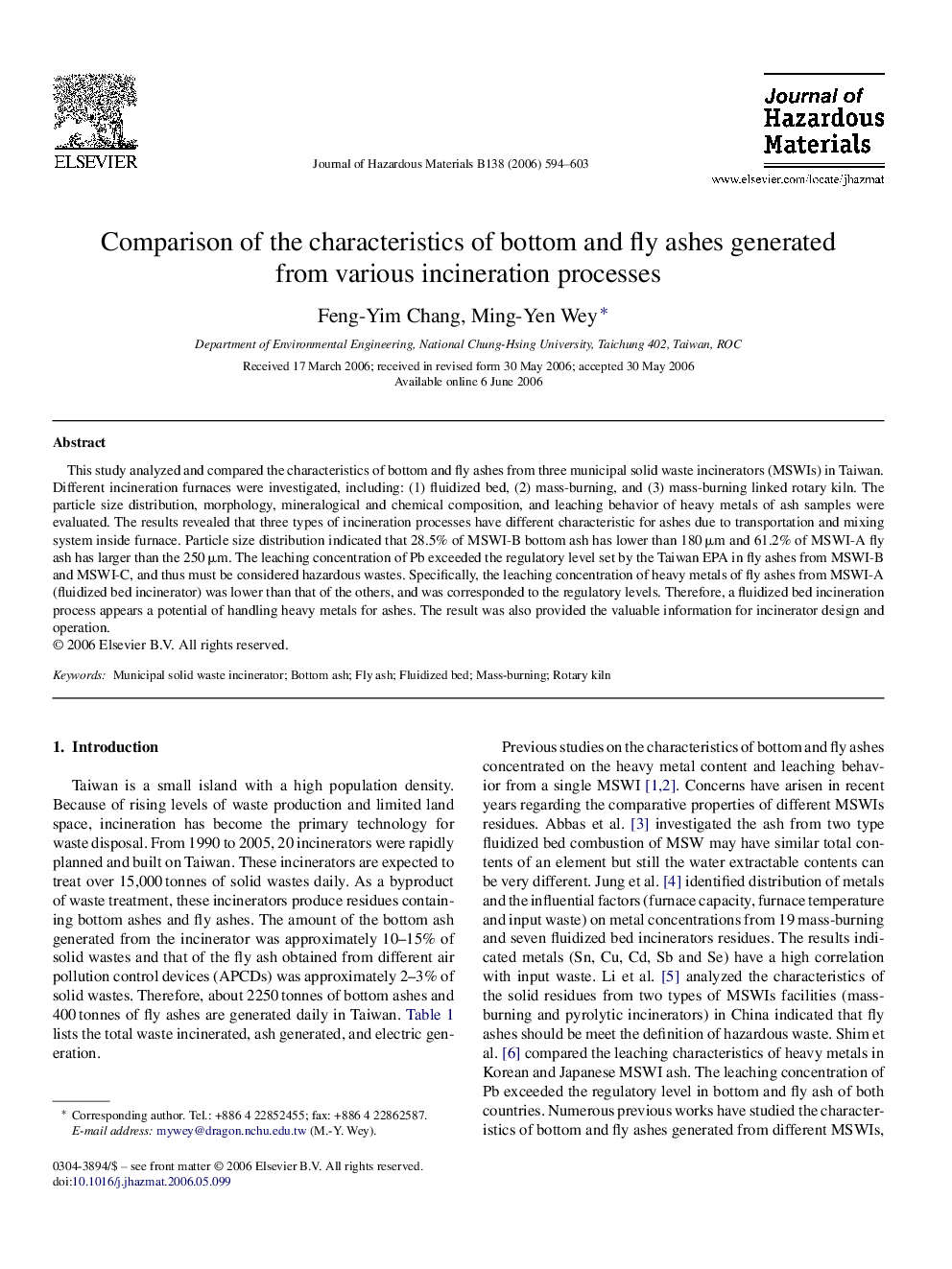 Comparison of the characteristics of bottom and fly ashes generated from various incineration processes