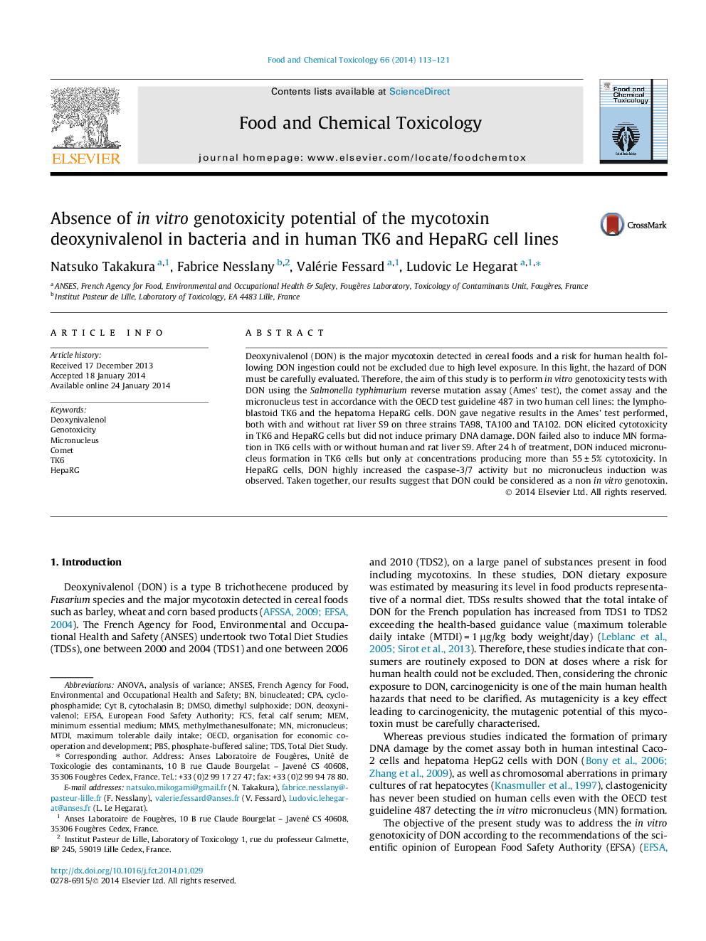 عکس صفحه اول مقاله: Absence of in vitro genotoxicity potential of the mycotoxin deoxynivalenol in bacteria and in human TK6 and HepaRG cell lines Absence of in vitro genotoxicity potential of the mycotoxin deoxynivalenol in bacteria and in human TK6 and HepaRG cell lines