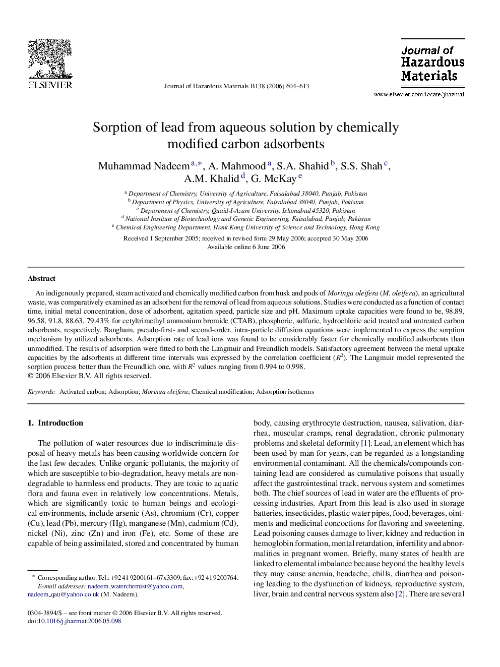 Sorption of lead from aqueous solution by chemically modified carbon adsorbents