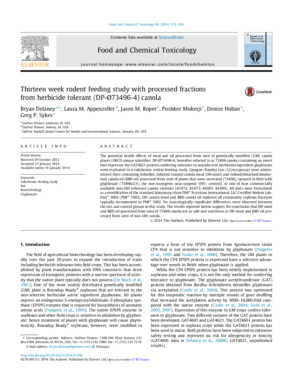 Thirteen week rodent feeding study with processed fractions from herbicide tolerant (DP-Ã73496-4) canola